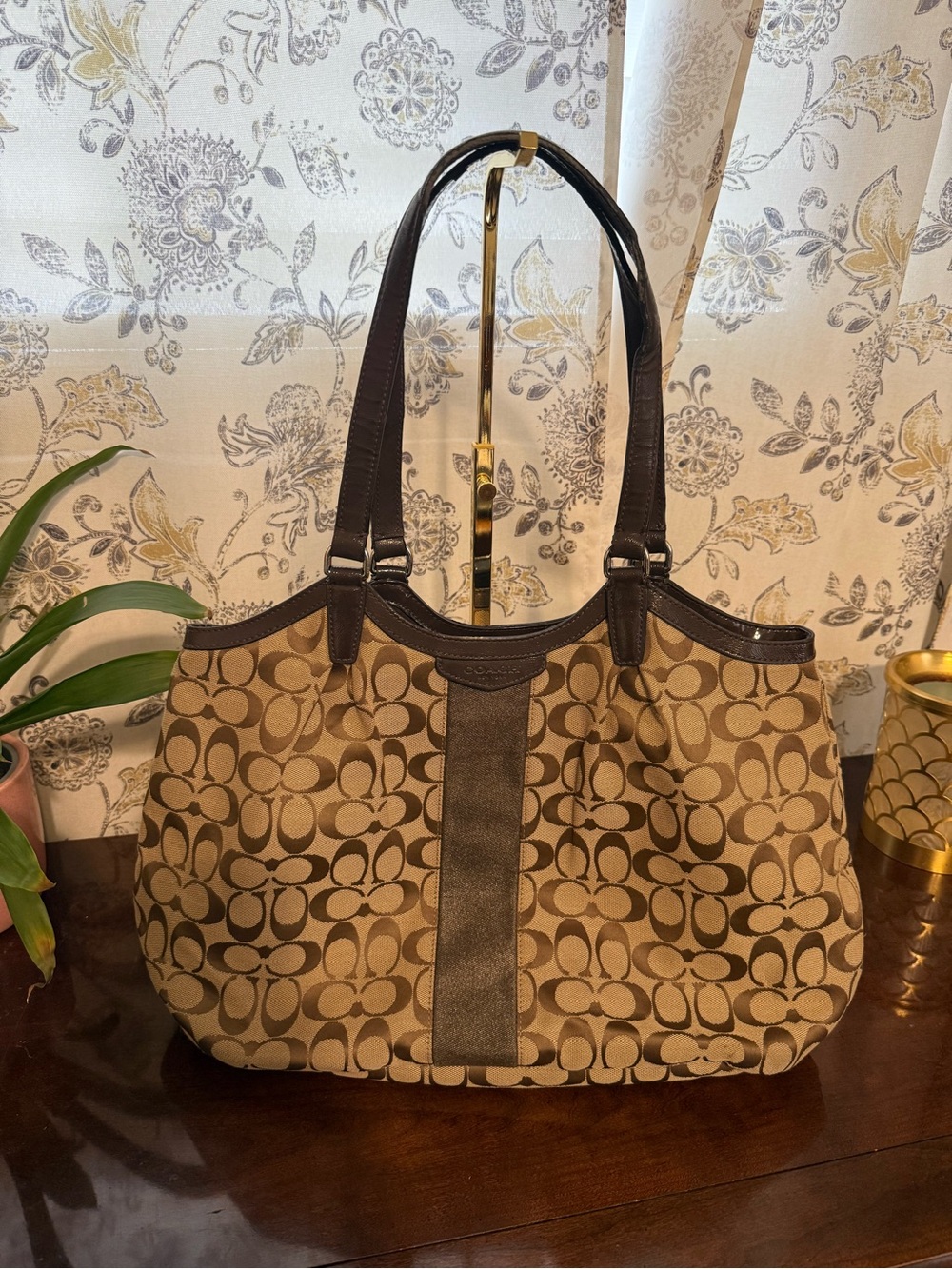 Coach Signature Stripe Tote Brown Canvas Leather Shoulder Bag Classic Y2K